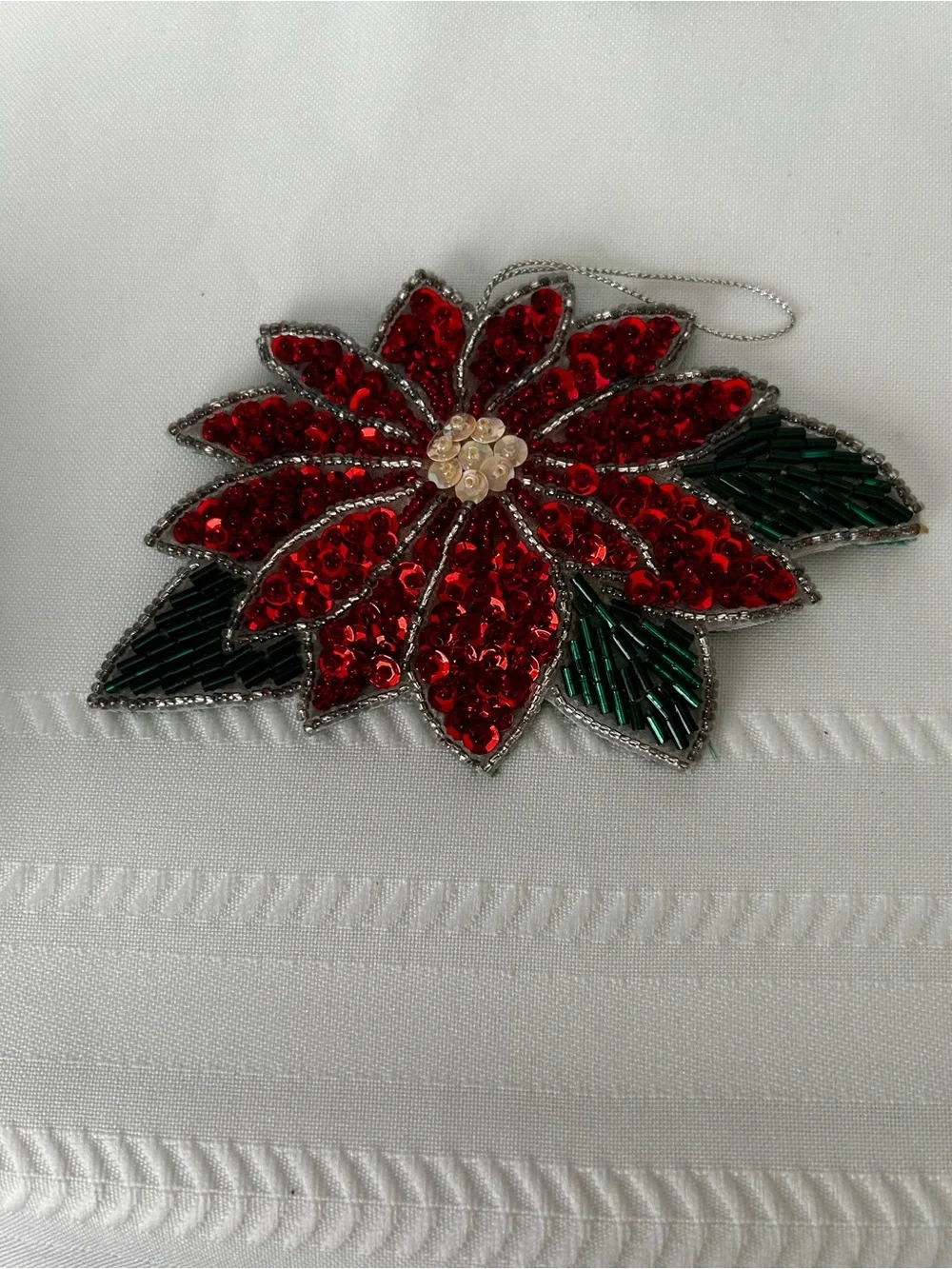 Vintage Set of 3 Avon Christmas Ornament Bell Pointsettia Dove Shimmering Sequin